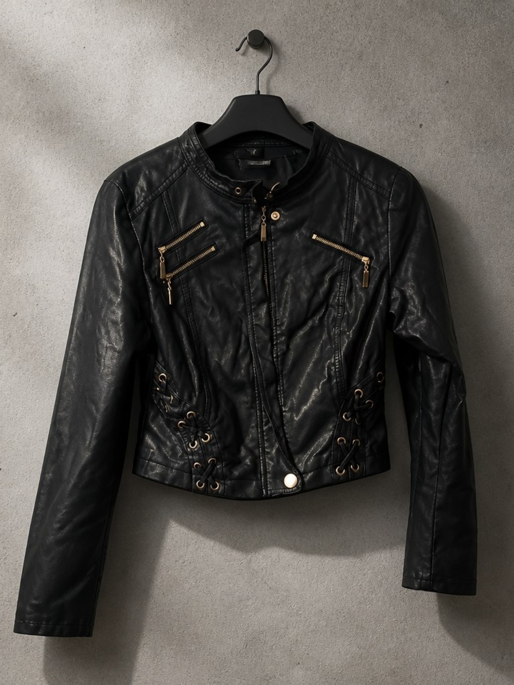 VENUS Black Faux Leather Moto Jacket with Gold Hardware and Lace-Up Sides